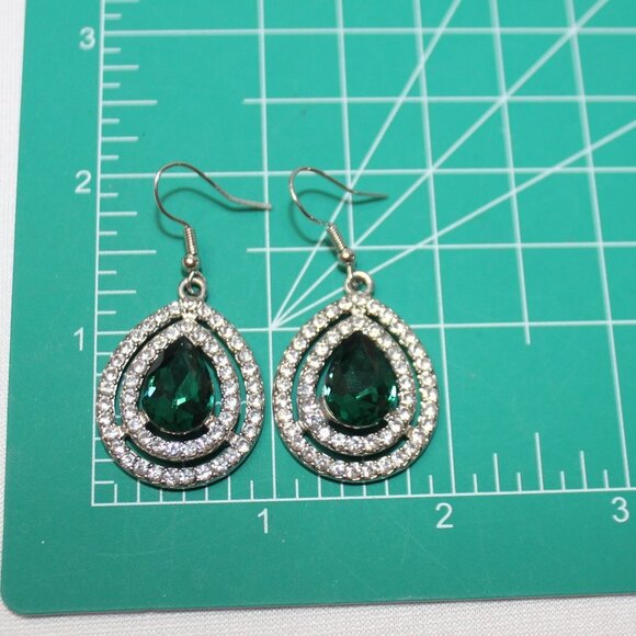 Green Rhinestone Tear Drop Dangle Earrings - Picture 5 of 7